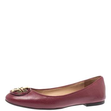 Pre Owned Tory Burch Burgundy Leather Reva Ballet Flats Size 35.5