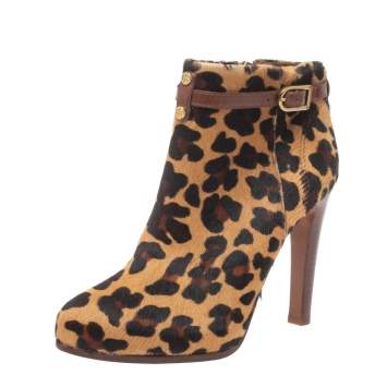 Pre Owned Tory Burch Brown Leopard Print Calf Hair Ankle Booties Size 38.5