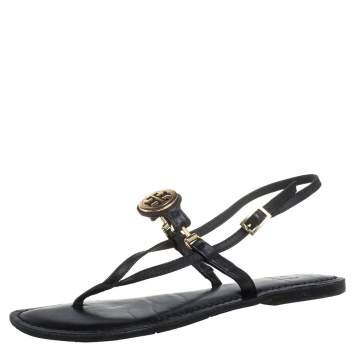 Pre Owned Tory Burch Black Leather Logo Embellished Flat Thong Slingback Sandals Size 37