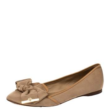 Pre Owned Tory Burch Beige Fabric Bow Ballet Flats Size 39