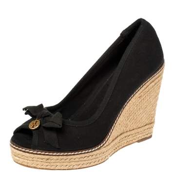 Pre Owned Tory Burch Black Canvas Jackie Bow Espadrille Wedge Pumps Size 38