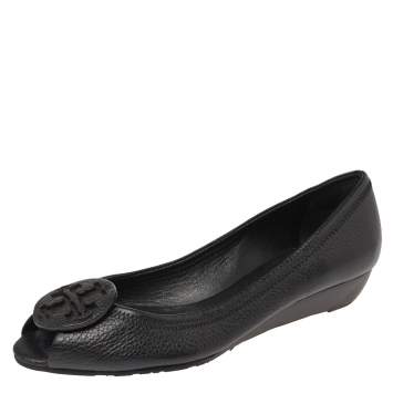 Pre Owned Tory Burch Black Leather Wedge Flats Size 37.5