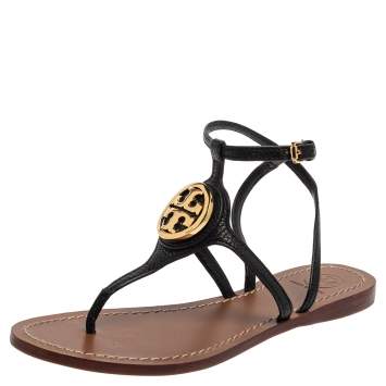 Pre Owned Tory Burch Black Leather Logo Embellished Thong Flat Sandals Size 37