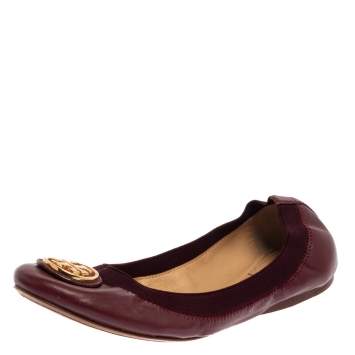 Pre Owned Tory Burch Burgundy Leather Scrunch Ballet Flats Size 37.5