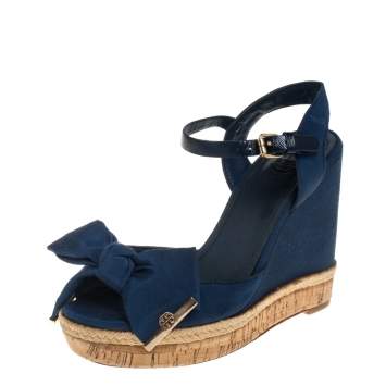 Pre Owned Tory Burch Blue Canvas And Leather Espadrille Wedge  Ankle Strap Sandals Size 36.5