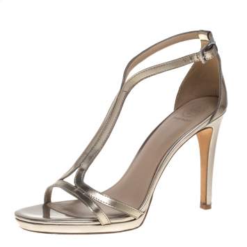 Pre Owned Tory Burch Gold Patent Leather Ankle Strap Sandals Size 38.5