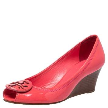 Pre Owned Tory Burch Pink Patent Leather Wedge Peep Toe Pumps Size 38