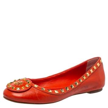 Pre Owned Tory Burch Orange Leather Studded Dale Ballet Flats Size 38
