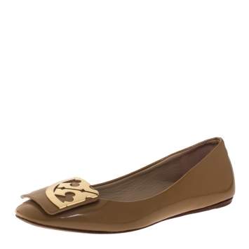 Pre Owned Tory Burch Beige Patent Leather Square Logo Flat Size 35