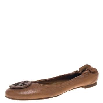 Pre Owned Tory Burch Tan Leather Scrunch Ballet Flats Size 38