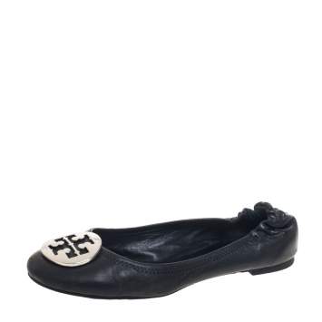 Pre Owned Tory Burch Black Leather Minnie Travel Logo Ballet Flats Size 37.5
