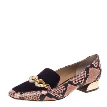 Pre Owned Tory Burch Purple Velvet And Python Embossed Leather Jessa Embellished Slip On Loafers Size 40