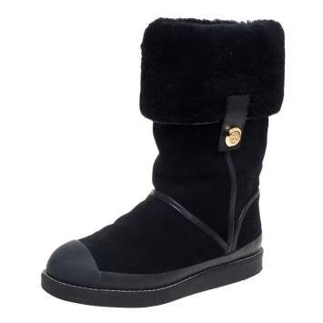 Pre Owned Tory Burch Black Suede And Fur Ankle Boots Size 37