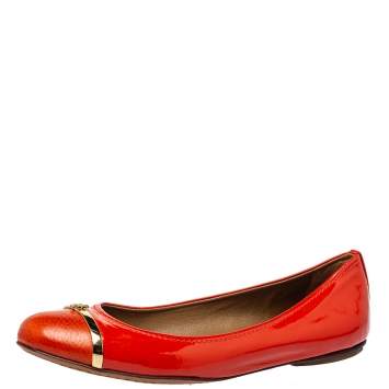 Pre Owned Tory Burch Orange Patent And Leather Logo Ballet Flats Size 37