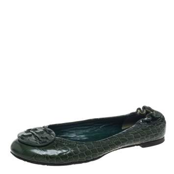 Pre Owned Tory Burch  Green Croc Embossed Leather  Ballet Flats Size 38