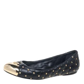 Pre Owned Tory Burch Black Leather Kaitlin Cap Toe  Ballet Flats Size 37