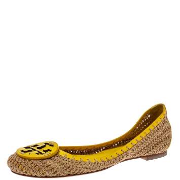 Pre Owned Tory Burch Brown/Yellow Crochet And Leather Ballet Flats Size 37.5