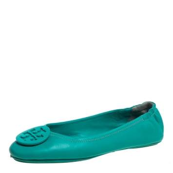 Pre Owned Tory Burch Green Leather Ballet  Flats Size 38