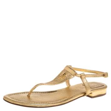 Pre Owned Tory Burch Gold Leather Thong Flat Sandals Size 39