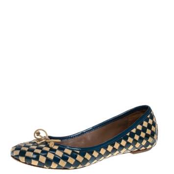 Pre Owned Tory Burch Blue/Beige Patent Leather And Woven Fabric Ballet Flats Size 37.5