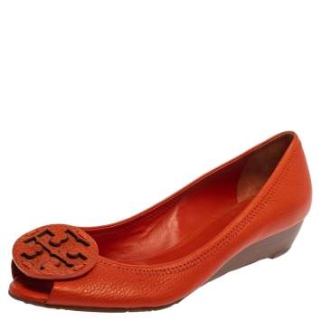 Pre Owned Tory Burch Orange Leather Logo Slip On Pumps Size 38.5