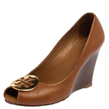 Pre Owned Tory Burch Tan Leather Wedge Peep Toe Pumps Size 37