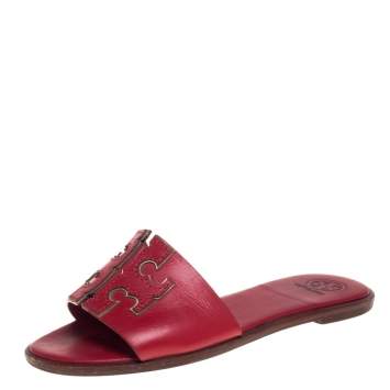 Pre Owned Tory Burch Red Leather Ines Slide Sandals Size 36.5