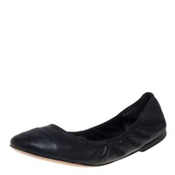 Pre Owned Tory Burch Black Leather Cap Toe Scrunch Ballet Flats Size 37.5 