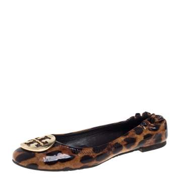 Pre Owned Tory Burch Brown Leopard Print Patent Leather Ballet Flats Size 37