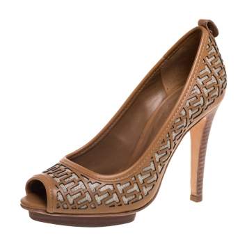 Pre Owned Tory Burch Brown Leather Regan High Heel Peep Toe Pumps Size 36.5