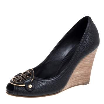 Pre Owned Tory Burch Black Leather Peep Toe Wedge Pumps Size 36.5