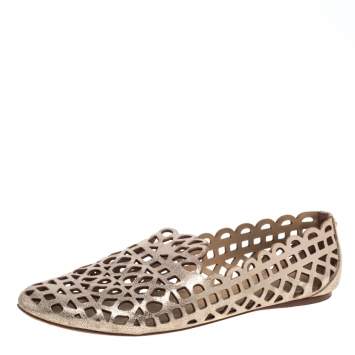Pre Owned Tory Burch Dull Gold Laser Cut Leather Logo Thatched Espadrille Flats Size 41