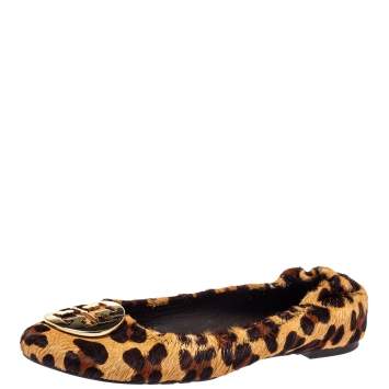 Pre Owned Tory Burch Brown Leopard Print Calf Hair Reva Ballet Flats Size 37.5