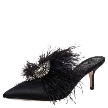 Pre Owned Tory Burch Black Satin Elodie Feather Embellished Mule Sandals Size 37.5