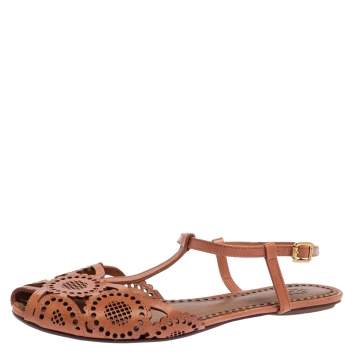 Pre Owned Tory Burch Tan Laser Cut Leather Alexa Flat T-strap Sandals Size 38