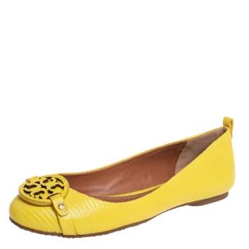 Pre Owned Tory Burch Yellow Lizard Embossed Leather Ballet Flats Size 37