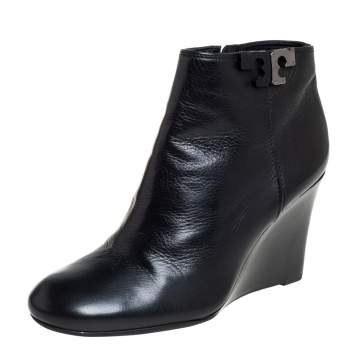 Pre Owned Tory Burch Black Leather Lowell Wedge Ankle Boots Size 37