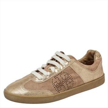 Pre Owned Tory Burch Beige/Gold Suede And Leather Perforated Logo Lace Up Sneakers Size 40