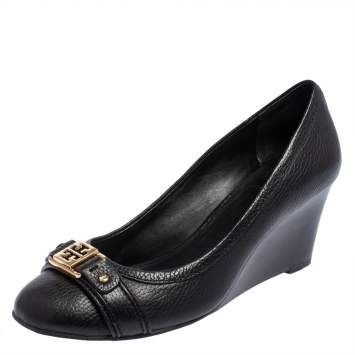 Pre Owned Tory Burch Black Leather Ambrose Logo Embellished Wedge Pumps Size 38
