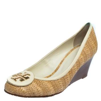 Pre Owned Tory Burch Beige/White Jute And Leather Wedge Pumps Size 38.5