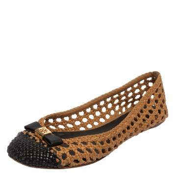Pre Owned Tory Burch Beige/Black Woven Leather Bow Ballet Flats Size 39