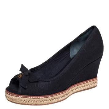 Pre Owned Tory Burch Black Canvas Jackie Espadrille Wedge Pumps Size 37.5