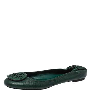 Pre Owned Tory Burch Green Leather Reva Scrunch Ballet Flats Size 39.5