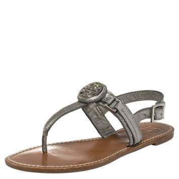 Pre Owned Tory Burch Metallic Silver Leather Thong Sandals Size 37