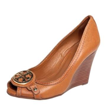 Pre Owned Tory Burch Tan Leather Leticia Peep Toe Wedge Pumps Size 35.5