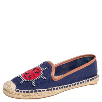 Pre Owned Tory Burch Navy Blue Canvas And Leather Espadrilles Flats Size 37.5