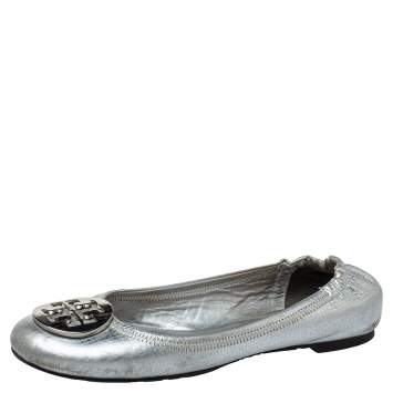 Pre Owned Tory Burch Silver Leather Scrunch Ballet Flats Size 38