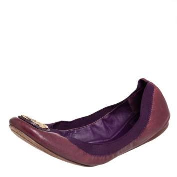 Pre Owned Tory Burch Purple Leather Scrunch  Ballet Flats Size 40