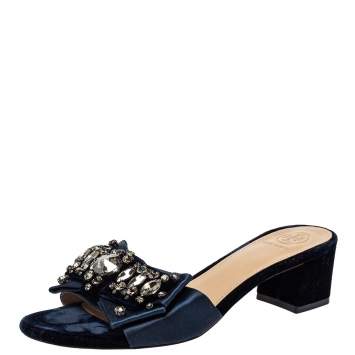 Pre Owned Tory Burch Navy Blue Satin Valentina Bow Slide Sandal Size 37.5