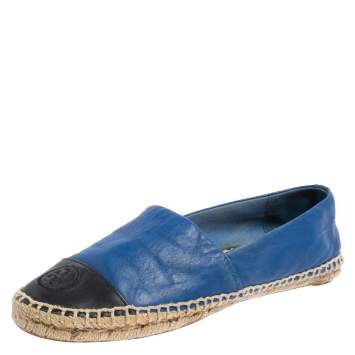 Pre Owned Tory Burch Blue/Black Leather Cap Toe Flat Espadrilles Size 37.5